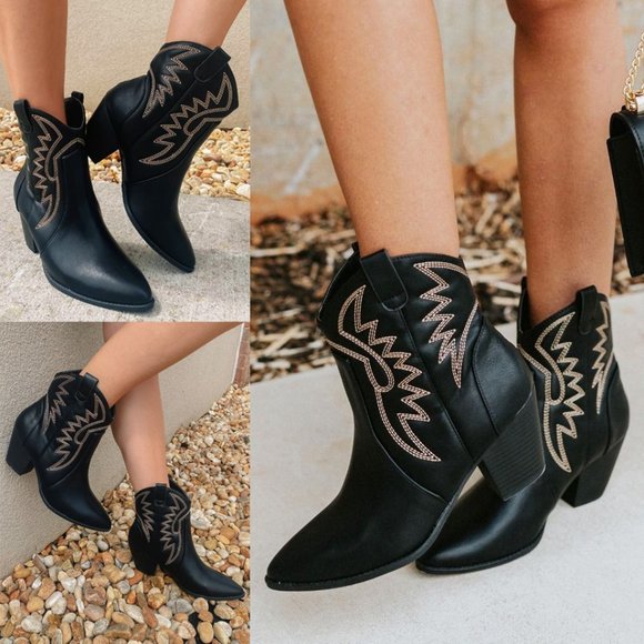 NEW Black Pointy Toe Block Heel Western Stitch Embroidery PU Leather Ankle Boots - Picture 10 of 10